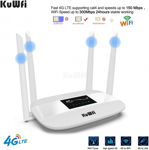 KuWFi 300Mbps 4G LTE CPE Router Unlocked 4G CPE SIM Card Antenna 32Uusers