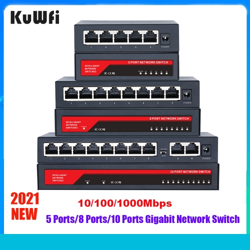 KuWFi Gigabit Network Switch 100/1000Mbps Switch 5/8/10 Port RJ45 LAN Hub Desktop Fast Ethernet Switch for Office Dormitory Home